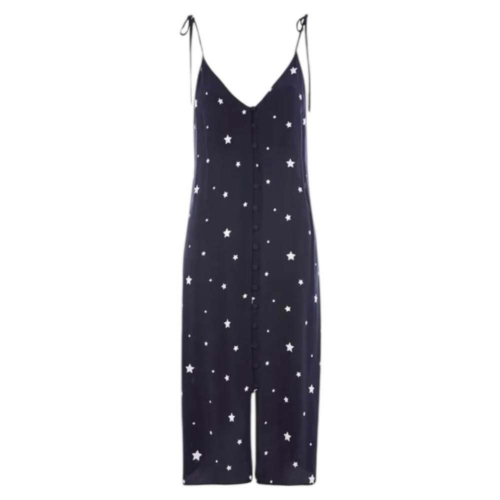 Topshop Navy Star Print Midi Slip Dress size 8 Tie Straps Button Front V Neck